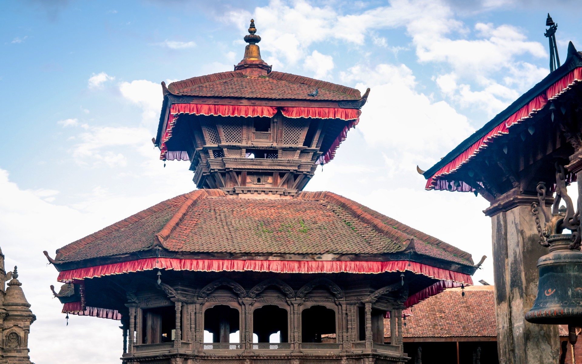 Hindu temple interior in Nepal during religious ceremony