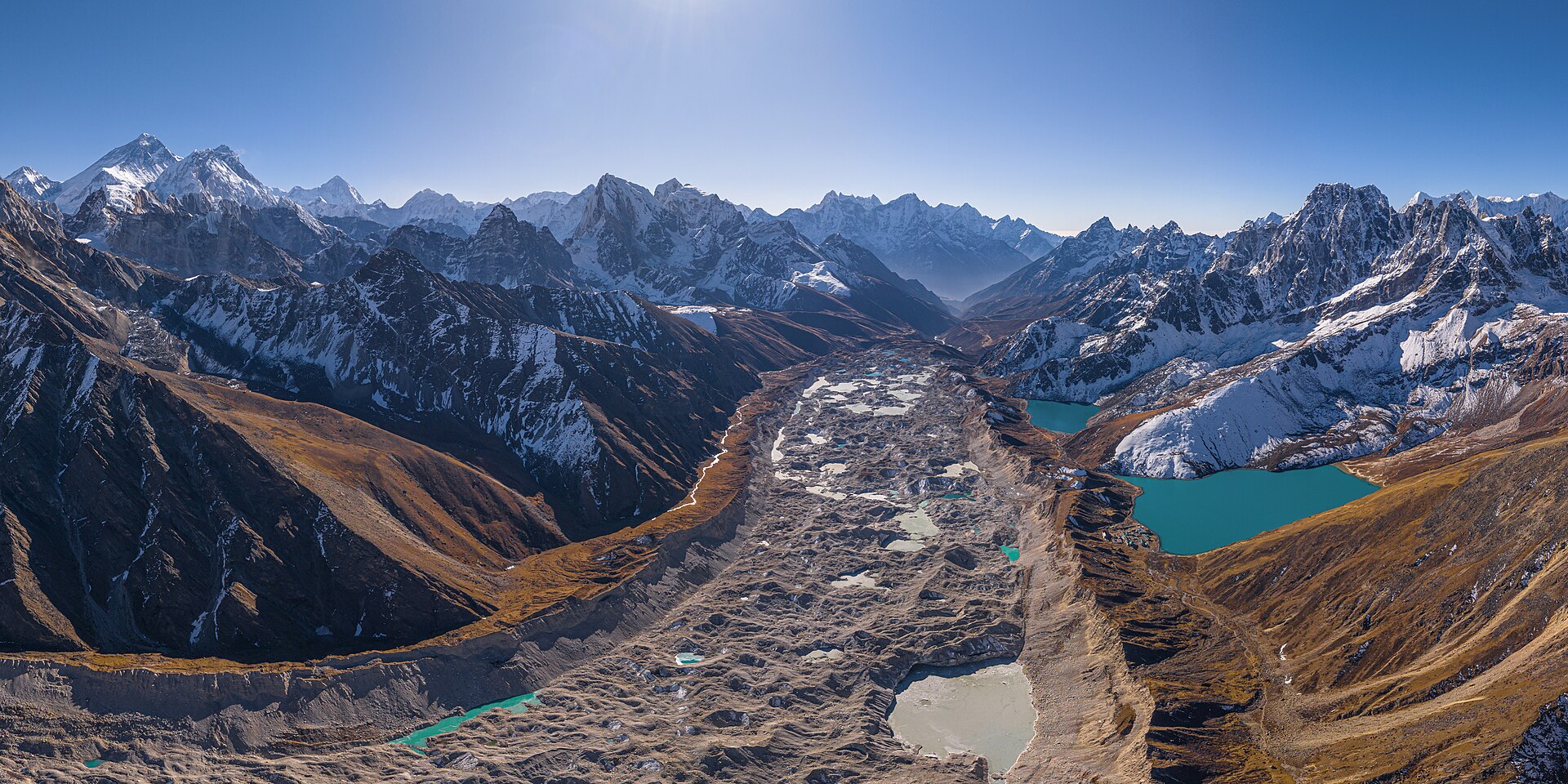 Aerial view of Khumbu peaks and Ngozumpa Glacier in Nepal
